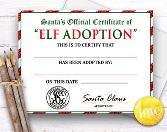 Certificado de adopción de Elf, certificado de Santa, descarga digital, imprimible, certificado de polo norte, elfo de Navidad, certificado de vacaciones, JPEG