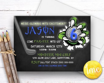 Glow in the dark Golf, Glow Golf Invitation, Golf Invitation, Monster Invitation, Monster Golf Invite, Birthday Invitation, Glow Party