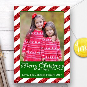 Cartão fotográfico de férias, cartão fotográfico de Natal, cartão de férias com listras brilhantes, cartão de Natal, cartão de felicitações de feriados, cartão fotográfico digital, Papai Noel