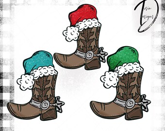 May include: Three brown cowboy boots with different colored Santa hats. The boots have a pointed toe, a brown shaft, and a silver buckle. The hats are red, green, and blue.