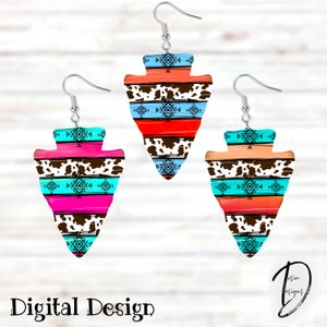May include: Three pairs of colorful arrowhead earrings with a cow print pattern and geometric designs. The earrings are turquoise, pink, and orange.