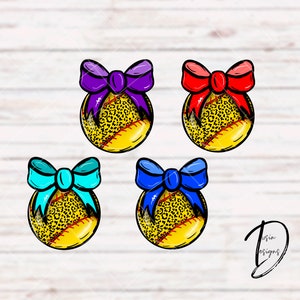 May include: Four softball ornaments with leopard print designs and different colored bows. The bows are purple, red, blue, and turquoise.