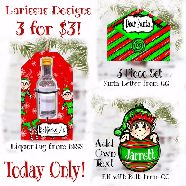 Dollar Deal, Liquor Bottle Holder Ornament, Santa Letter PNG, Elf with Bulb Ornament, Christmas Sublimation