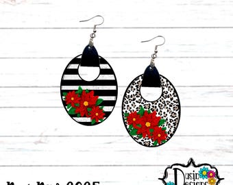 Fancy Leather Oval Earring PNG, poinsettia Earrings, Fun Poinsettia Earring PNG