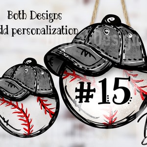 May include: Two baseball-themed ornaments with a baseball cap on top. One ornament has the number 15 on it.