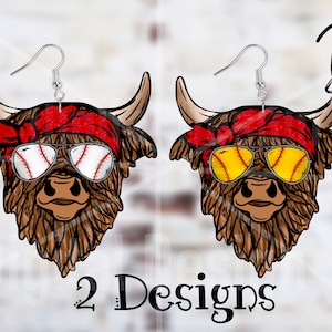 May include: Two pairs of earrings featuring a Highland cow wearing a red bandana and sunglasses. One pair has baseball-themed sunglasses, the other has softball-themed sunglasses.