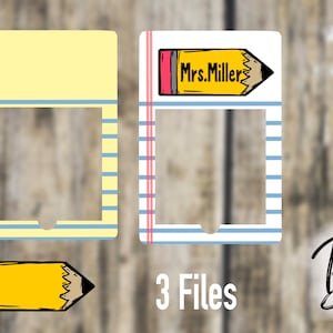 May include: Three printable light switch covers with a yellow pencil design. The top cover has the text "Mrs. Miller" on it. The bottom cover is blank. The middle cover has a yellow pencil with a red eraser.