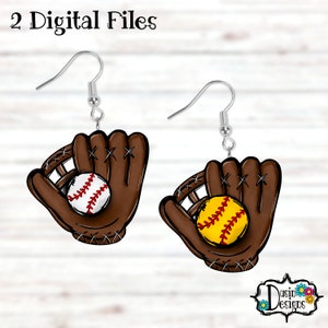 May include: Two pairs of earrings featuring a brown baseball glove with a white baseball and a brown baseball glove with a yellow softball. The earrings are silver and have a hook closure.