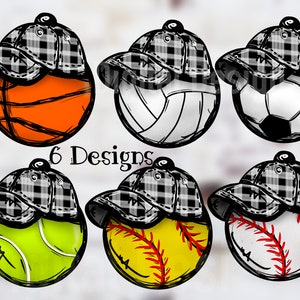 May include: Six different sports balls with a black and white plaid baseball cap on top. The balls include a basketball, volleyball, soccer ball, tennis ball, baseball, and softball.