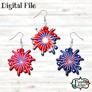 May include: Three pairs of red, white, and blue firework dangle earrings. The earrings are made of wood and have a glitter finish.