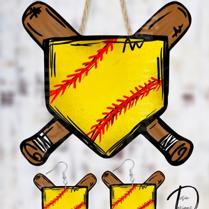 May include: A set of softball-themed earrings and a larger ornament. The earrings and ornament feature a yellow softball with red stitching, crossed brown baseball bats, and a home plate.