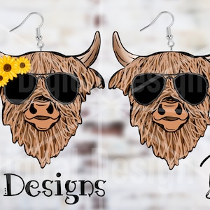 May include: Two pairs of earrings featuring a brown Highland cow with black sunglasses and a yellow sunflower headband. The earrings are silver and have a hook closure.