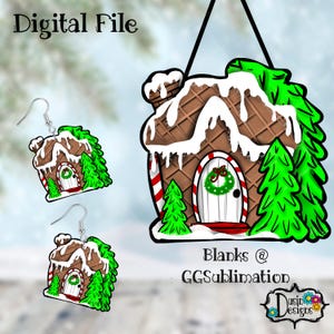 May include: Digital file for a gingerbread house ornament with a white door, red candy canes, and green trees. The ornament is surrounded by a white background with the text "Blanks @ GGSUBLIMATION" and "Dusin Designs".