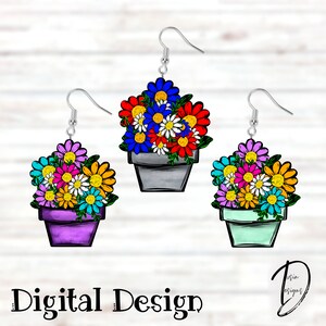 Könnte beinhalten: Drei Paar Hängeohrringe mit bunten Blumensträußen in Töpfen. Die Blumen sind rot, blau, gelb, rosa und weiß. Die Töpfe sind grau, lila und grün.
