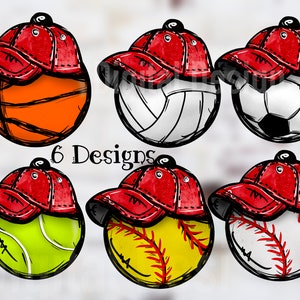 May include: Six different sports balls with red baseball caps on top. The balls are a basketball, volleyball, soccer ball, tennis ball, softball, and baseball.