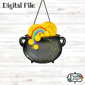 May include: A black pot overflowing with gold coins and a rainbow. The pot is hanging from a string and has a speckled texture.