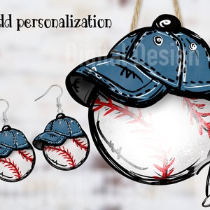 May include: Baseball-themed earrings and a baseball-shaped ornament. The earrings and ornament feature a baseball design with red stitching and a blue denim baseball cap. The text "Add personalization" is visible.