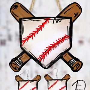 May include: A pair of baseball-themed earrings with a home plate and crossed bats design. The earrings are made of wood and have a distressed finish. The home plate is white with red stitching and the bats are brown.