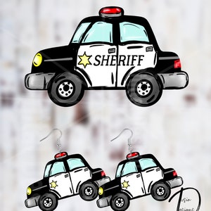 May include: A pair of black and white sheriff car earrings with a red light on top. The earrings are made of a lightweight material and are perfect for adding a touch of fun to any outfit.