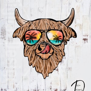 May include: A cartoon illustration of a Highland cow wearing sunglasses with a beach scene reflected in the lenses. The cow is sticking its tongue out.
