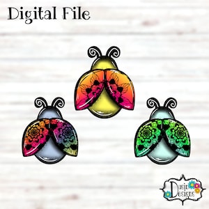 Puede incluir: Tres diseños de mariquitas coloridas con patrones de mandala en sus alas. Las mariquitas son amarillas, azules y verdes con patrones de mandala de colores arcoíris.