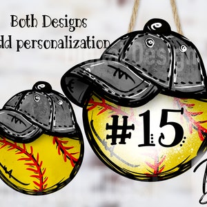 May include: Two yellow and red softball ornaments with black baseball caps on top. One ornament has the number 15 on it.