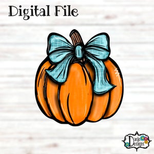 May include: A digital file of a hand-drawn orange pumpkin with a blue and white checkered bow. The pumpkin is on a white wood background.