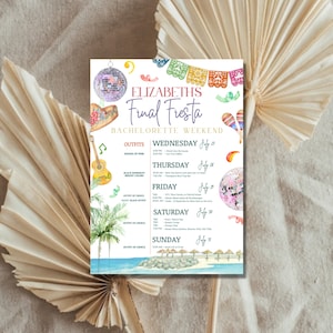 May include: A colorful bachelorette party itinerary with the title "Elizabeth's Final Fiesta" and a list of activities for each day of the week, including Wednesday, Thursday, Friday, Saturday, and Sunday. The itinerary includes details about the outfits to wear each day, such as shades of pink, black swimsuits, and outfits of choice.