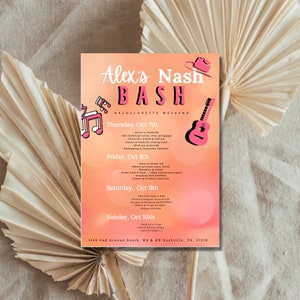 Nashville Bachelorette Party Invitation with Itinerary | Printable Template | Instant Download | Fully Customizable | Print-At-Home | Favors