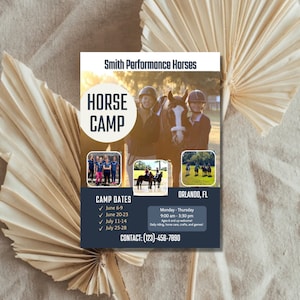 May include: A flyer for a horse camp called "Smith Performance Horses" in Orlando, Florida. The flyer features a photo of children riding horses and includes camp dates, times, and contact information.