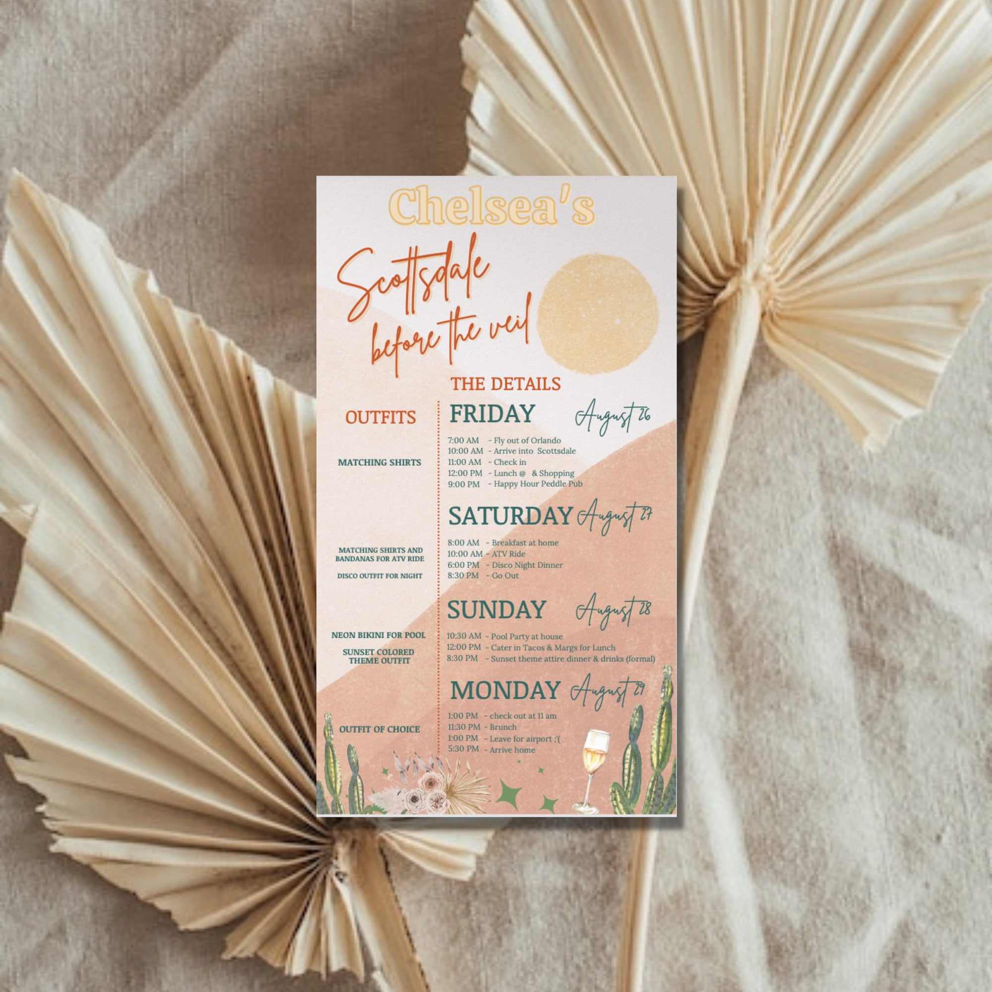 Scottsdale Arizona "Scottsdale Before the Veil" Bachelorette Party Invitation w/ Itinerary | Instant Download | Fully Custom | Print