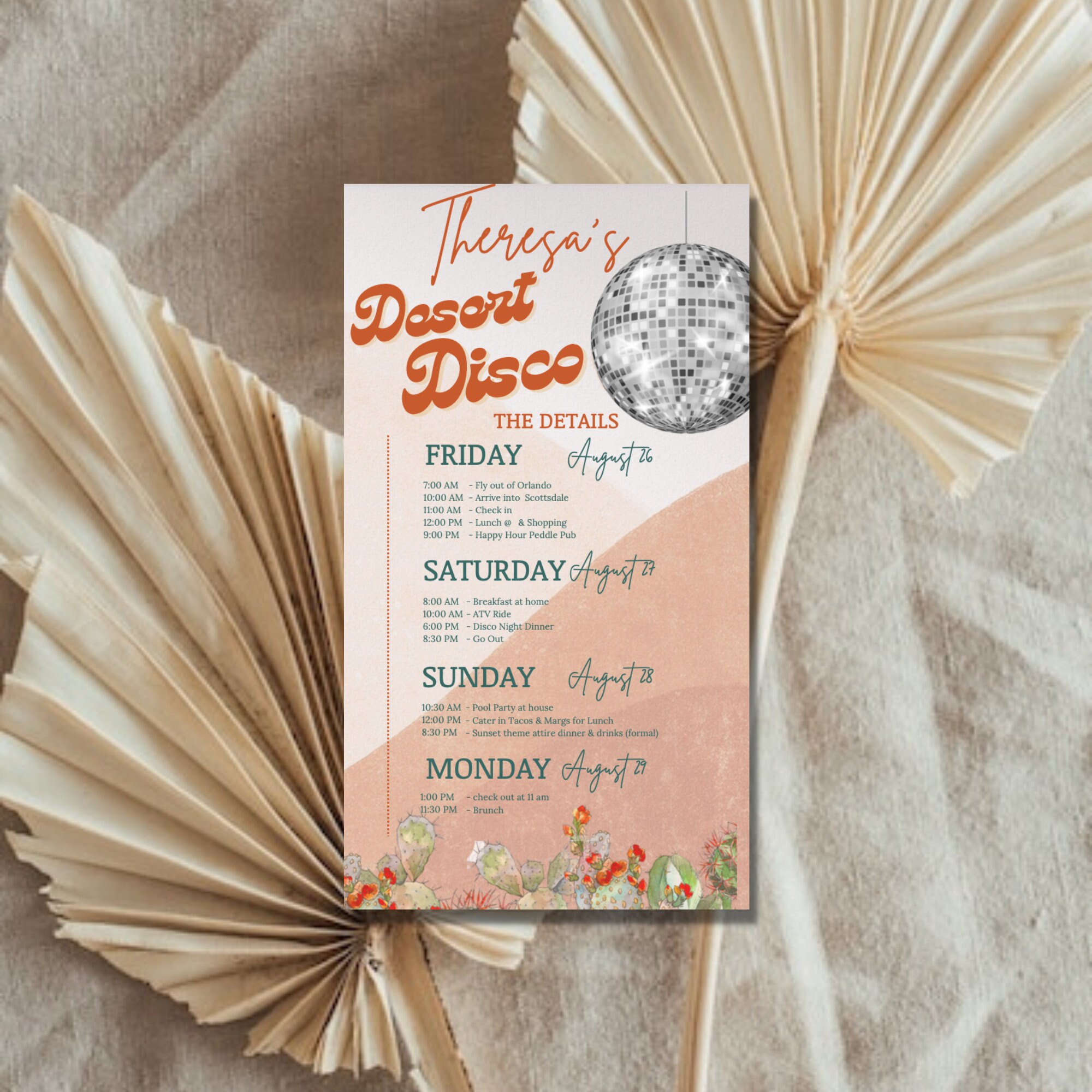 Custom Desert Disco Scottsdale Arizona Bachelorette Party Invitation w Itinerary Instant Download Fully Custom Print