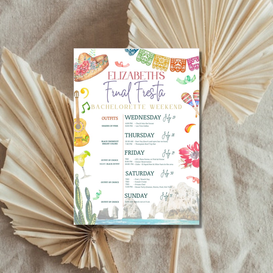 Final Fiesta Bachelorette Party Invitation W/ Itinerary | Cabo, Beach ...