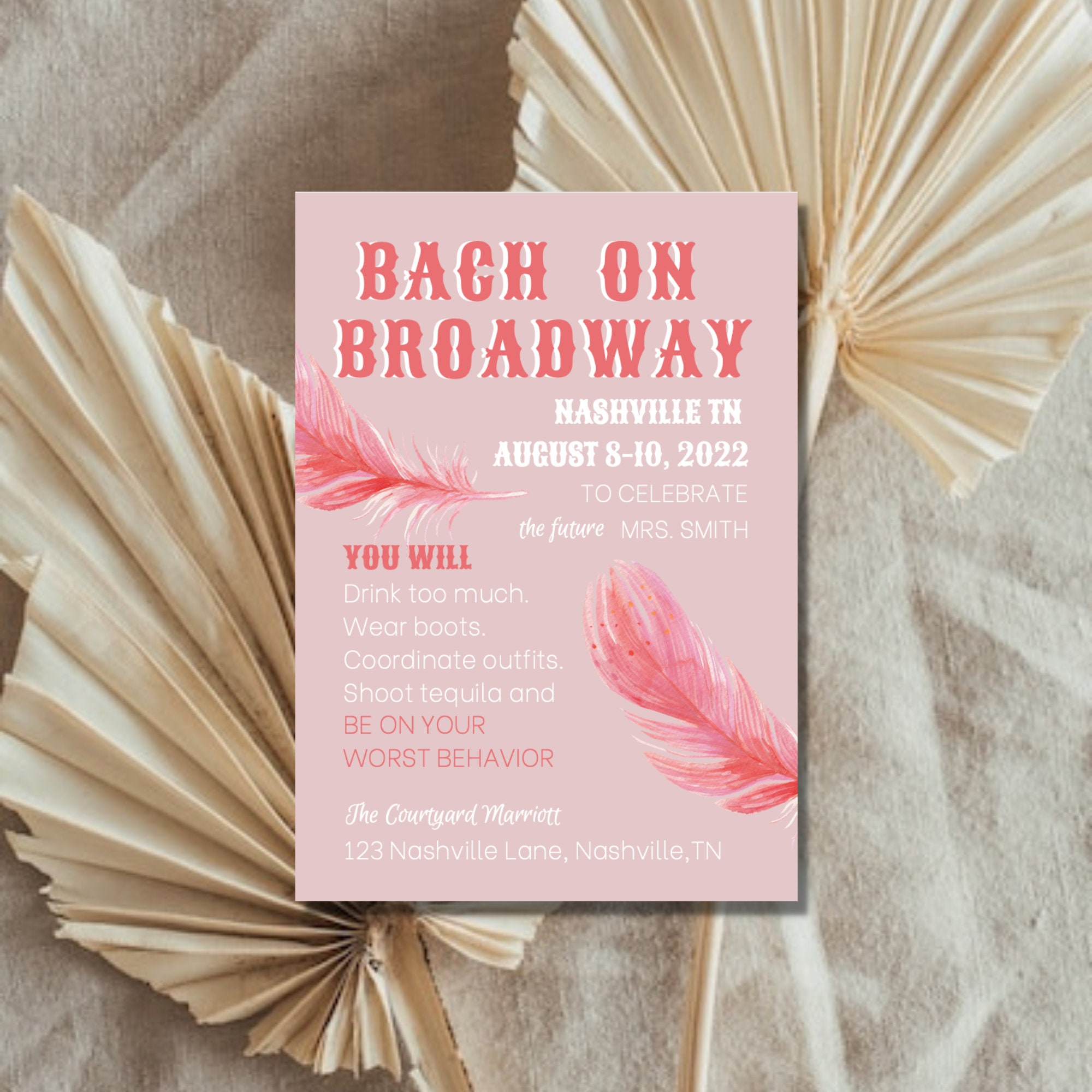 Nashville Bachelorette Party Invitation Template DIY Bach Invitation Feather Western Boho Nashville Themed Party Invitation