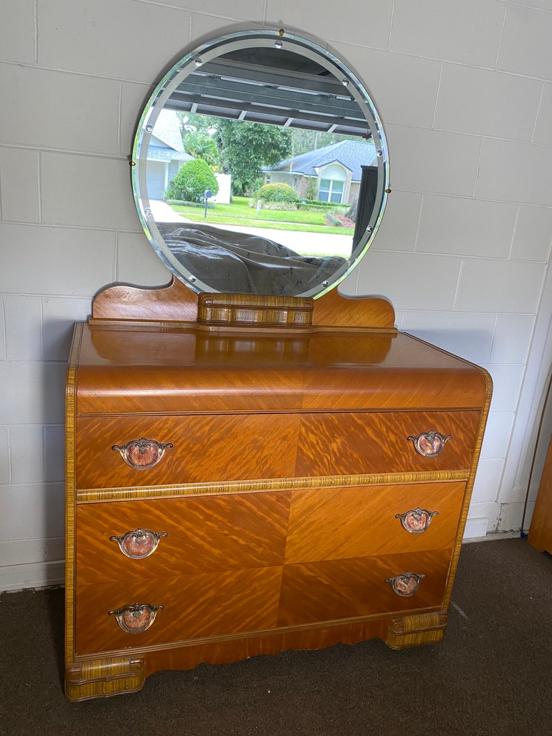 Antique Dresser With Mirror 1930s b Furniture Waterfall Furniture Etsy