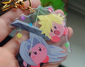 Kirby Final Fantasy 2.5in glitter star keychain cloud sephiroth double side print