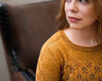 DESCARGA INSTANTE PDF Patrón de punto para suéter de encaje de mujer Jersey Top Down Una pieza Chinkapin