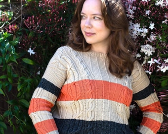 Patrón de suéter de punto trenzado a rayas para mujer (Descargar PDF)