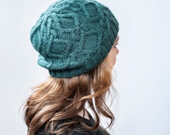 DESCARGA INSTANTE PDF Patrón de punto para sombrero de encaje de mujer, sombrero de cable Slouchy, gorro/Tam, sombrero de punto a mano, sombrero de encaje Slouchy, sombrero de otoño Kapok