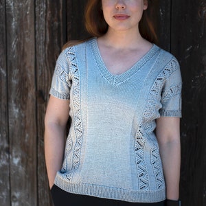 INSTANT DOWNLOAD PDF Knitting Pattern for Women's Lace Sweater Top Tee Jumper Pullover with Lace Sideways Amarna image 1