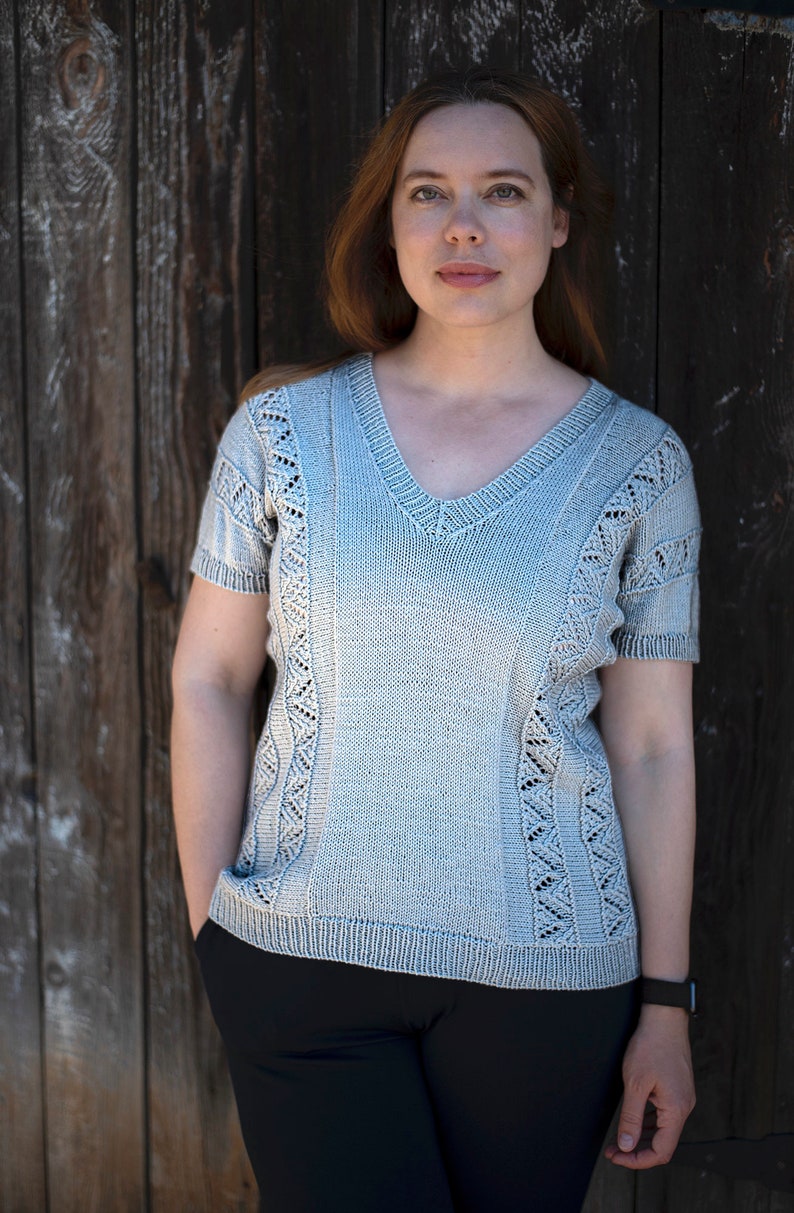 INSTANT DOWNLOAD PDF Knitting Pattern for Women's Lace Sweater Top Tee Jumper Pullover with Lace Sideways Amarna image 1