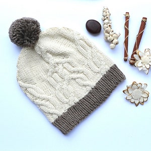 Wool Cotton Knit Hat, White Knitted Hat, Wool Hat, Slouchy Beanie, Slouchy Hat, Slouchy Wool Hat, Pom Pom Hat