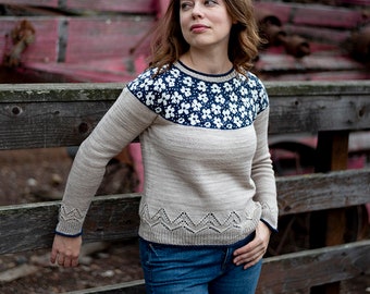 INSTANT DOWNLOAD PDF Knitting Pattern for Women's Colorwork Sweater Pullover with Lace One piece Round Yoke Philadelphus