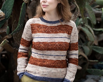 DESCARGA INSTANTE PDF Patrón de tejido para suéter de encaje de mujer con rayas Strata de una pieza