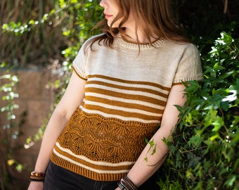 DESCARGA INSTANTE PDF Patrón de punto para jersey de mujer Top Jersey encaje Top cuello manga corta Falmar