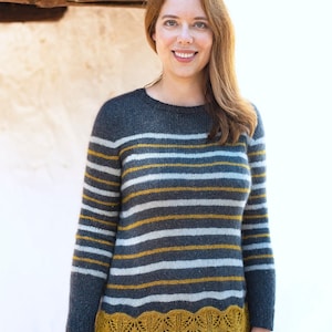 INSTANT DOWNLOAD PDF Knitting Pattern for Women's Striped Sweater with Open Back Long Sleeves Crew-Neck One piece Seamless Palomar