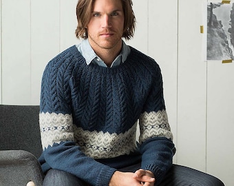 INSTANT DOWNLOAD PDF Knitting Pattern for Men's Aran Sweater Pullover Men Jumper Stockinette stitch and Cable Bergen Peak