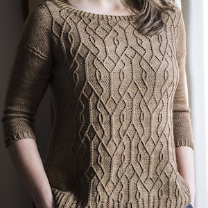 INSTANT DOWNLOAD PDF Knitting Pattern for Women's Aran Sweater Pullover Jumper Top Twisted stitch and Cable Round Neck 3/4 Sleeves