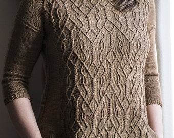 DESCARGA INSTANTE PDF Patrón de punto para suéter Aran de mujer Jersey Jersey Top Puntada retorcida y Cable Cuello redondo Mangas 3/4