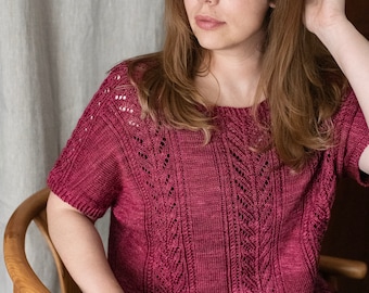 DESCARGA INSTANTE PDF Patrón de tejido para el suéter superior de verano de las mujeres con encaje de una pieza Top Down Hollowbrook